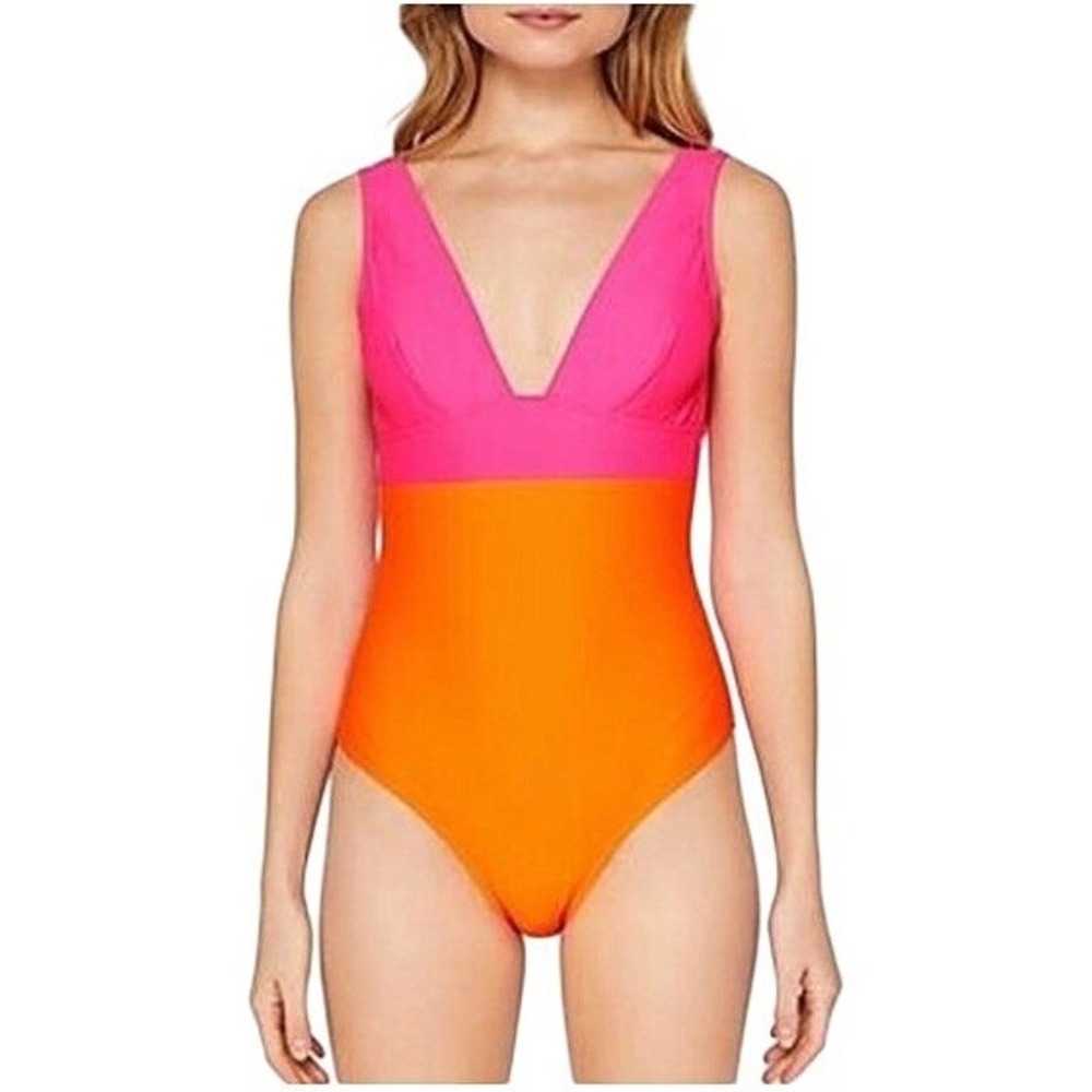 Ted Baker One Piece Swimsuit Womens Pink Orange Colorblock V-Neck Good - Picture 2 of 8